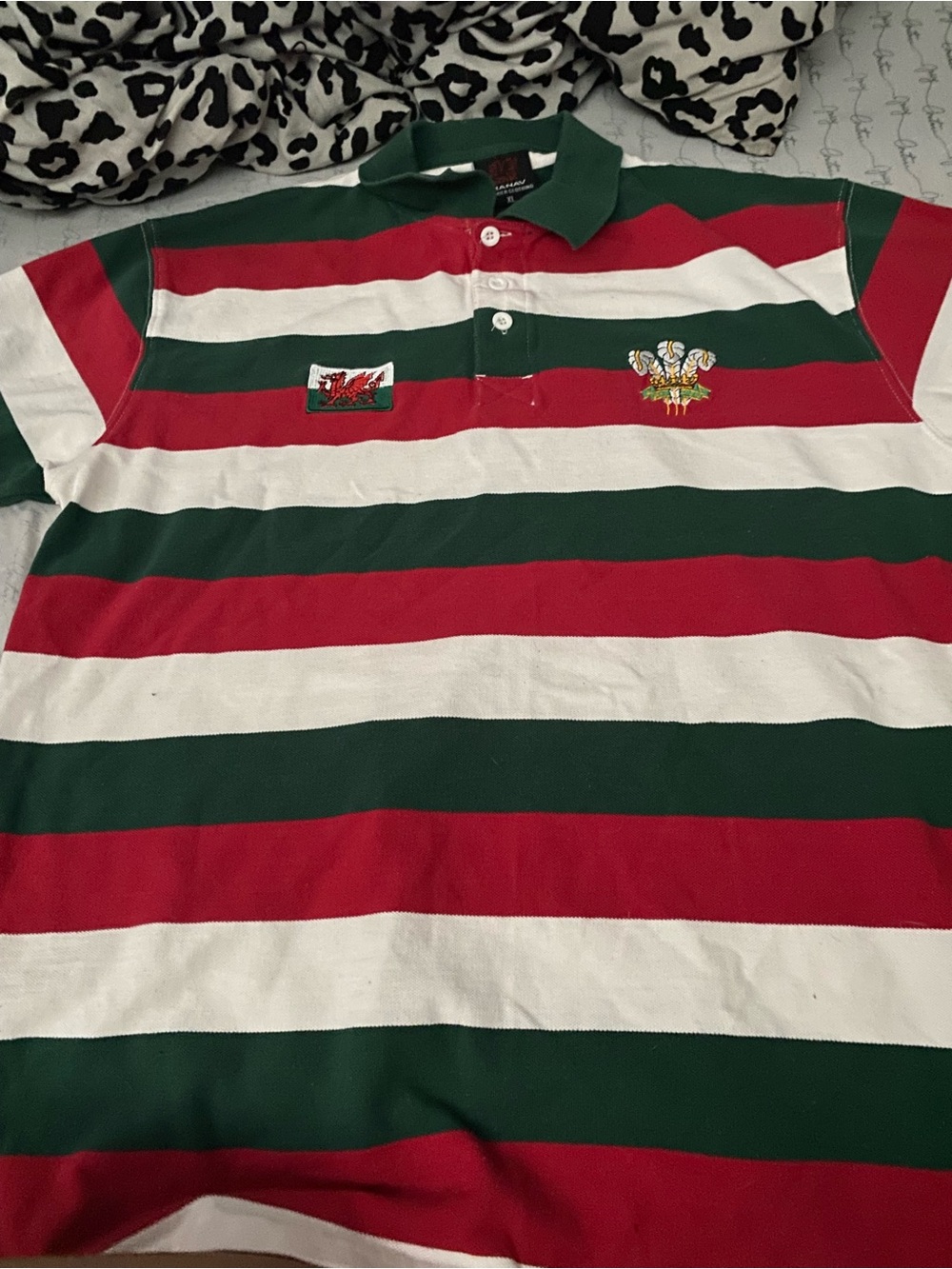 Source Unknown Red, Green & White Striped Rugby Polo